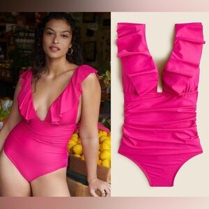 J. Crew New Radiant Fuchsia Ruched Ruffle One Piece Deep V Women’s Swimsuit
